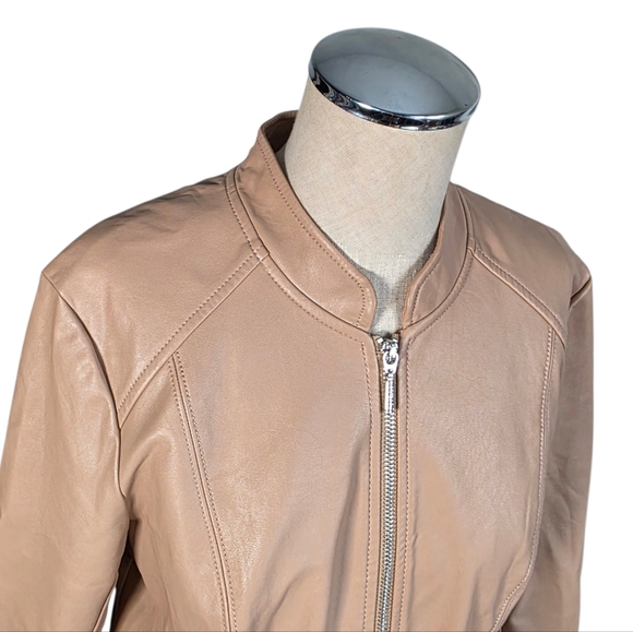 Guess Los Angeles Faux Leather Moto Jacket Womens M Tan Ruffle Hem Zip Front - Picture 4 of 11